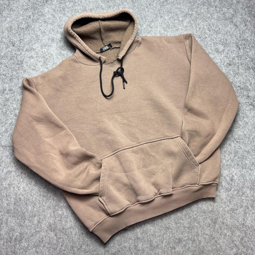Zara Hoodie Mens Large Beige Fleece Lined Pullover Kangaroo Pocket Heavyweight